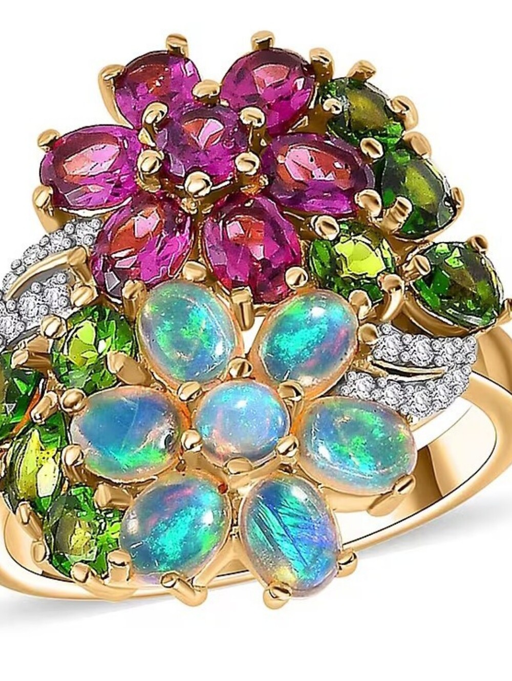 Beautiful Welo Opal, Rhodolite Garnet, Chrome Diopside Floral Ring